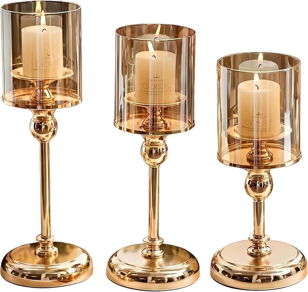Gold Hurricane Candle Holders - Set of 3 Tall Candlestick Holders Windproof Taper Candle Holders, Metal Stand for Table Centerpiece Outdoor Indoor Wedding Party Holiday Decor