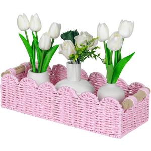 CubesLand Paper Rope Scalloped Edge Gift Basket Empty, Small Living Room,Bedroom Decor Baskets, Pink Woven Toilet Paper Storage Basket, with 2 Wooden Handle, Rectangular (M - 14"L x 6.3"W x 3.9"H)