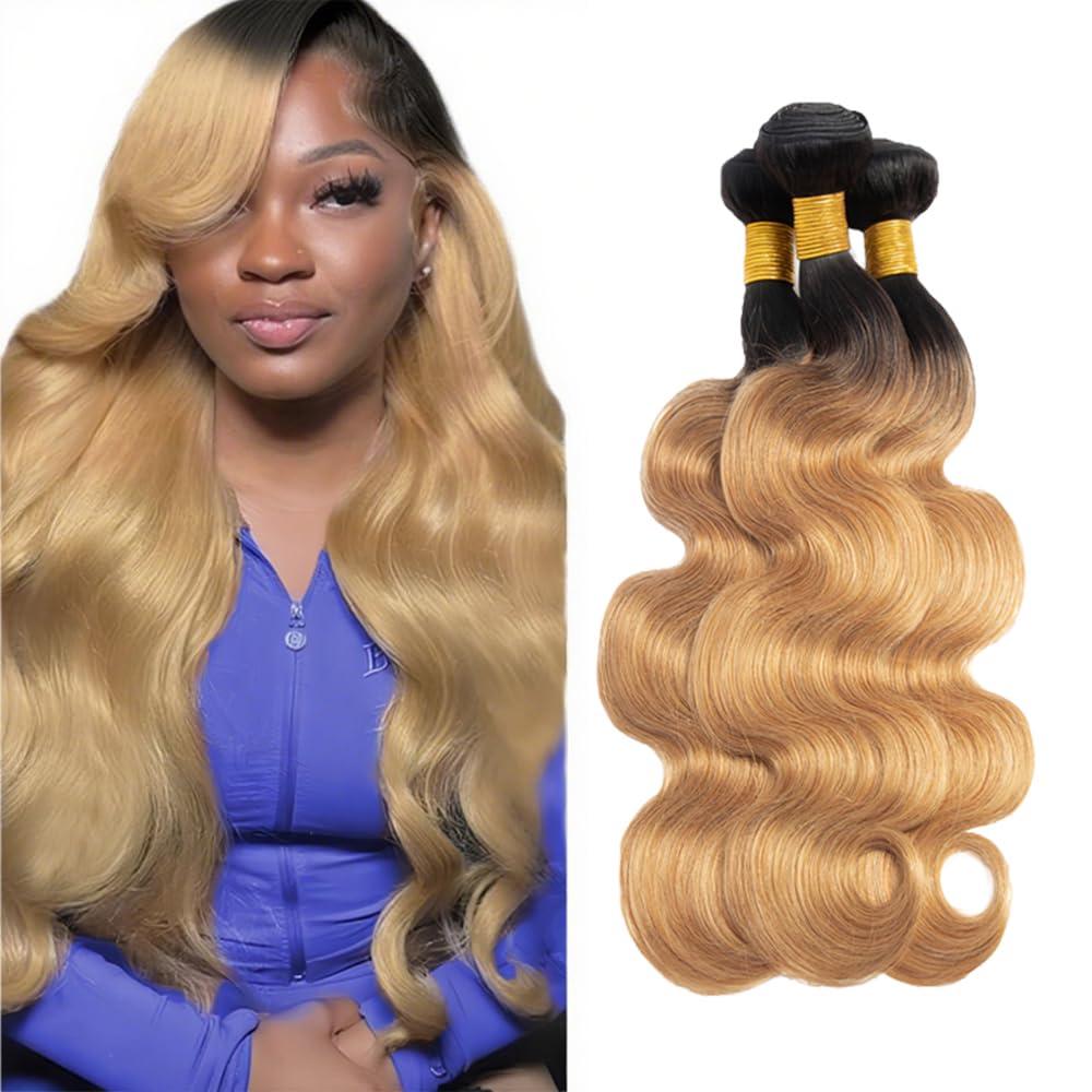 Blonde Bundles Human Hair Ombre Body Wave Bundle Niegmeag Virgin Remy Hair 3 Bundles 18 20 22 Inch Double Weft 2 Tone Black and Honey Blonde Body Wave Bundle