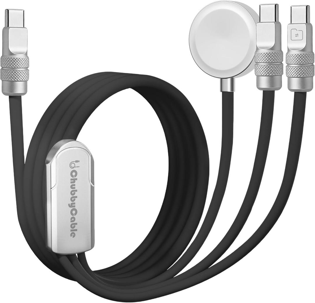 chubbycable Tri-Flex 3 in 1 USB C Cable for Apple Watch Charger Silicone 100W Multi Charging Cable Fast Charge Compatible with iPhone 17-15 Series iWatch iPad MacBook, 4.1FT, Black