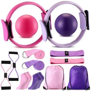 Poen Home Pilates Kit for Women Pilates Equipment Ring and Ball Set with Stretching Strap 8 Resistance Bands Non Slip Socks Gym Back Bags Exercise Equipment for Workout, Pink