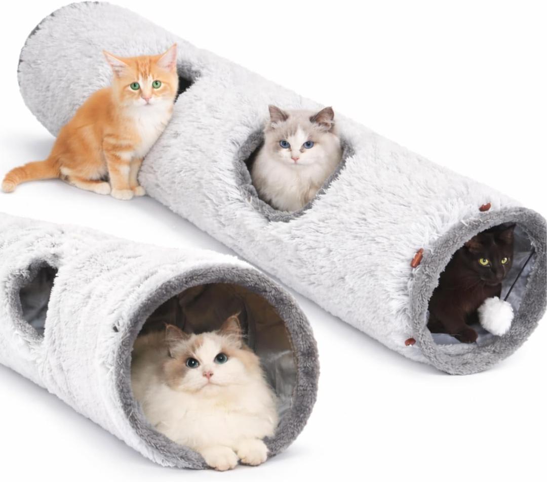Cat Tunnels for Indoor Cats Cat Crinkle Tunnel Collapsible Long Plush Cat Tube Cute Cozy Pet Play for Hours of Fun (47" / Pearl Gray)