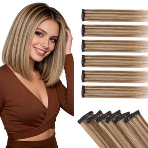 Benehair 6PCS 6 Clips In Human Hair Extensions Medium Brown Mix Dark Blonde Short Straight Mini Clip Ins Balayage Highlights Natural Clip On Hairpin Hairpiece For Women 12inch 33g #4P27