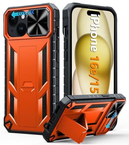 FNTCASE for iPhone 15 Protective Phone-Case: iPhone 16e Military Grade Dropproof Cell Phone Cover with Kickstand & Slide | Heavy Duty Rugged Phonecase Bumper Textured | Heavy Duty(Orange)