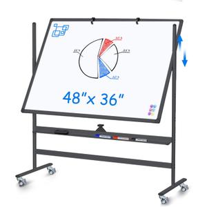 Maxtek Rolling White Board on Wheels 48x36 in, Double-Sided Magnetic Black