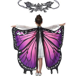 2 x Girl's Butterfly Wings and Mask Set - Colorful Pink - Purple Look, Great for Halloween, Birthday Party Dress - up and Cosplay (Pink and Purple)