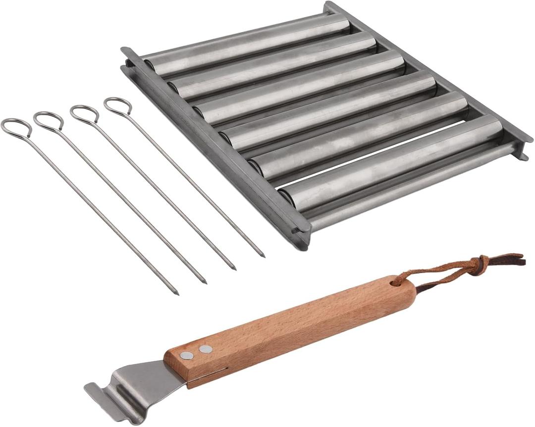 PXRJE 6pcs BBQ Sausage Roller for Grill,Sausage Roller Holder Rack,Stainless Steel Hot Dog Grill Steamer,Barbecue Camping Essentials Accessories for Grill(Silver)