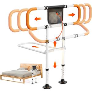 Zelvia Bed Rails for Elderly Adults Safety with Motion Light & Storage Pouch - Retractable & Foldable Bed Handrails Assist Bedrails for Seniors, Surgery Patients & Handicap -White&Orange