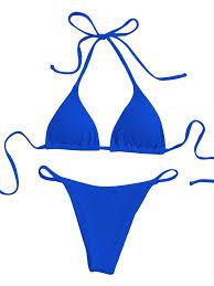 MakeMeChic Women's Halter Triangle Thong Bikini Sets High Cut Swimsuit Bathing Suit Swimwear (Blue)