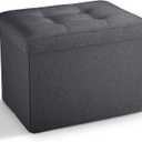 LINMAGCO Small Storage Ottoman Stool Foot Rest Stool Under Desk Stool Short Folding Ottoman Linen Cloth Dark Gray 17X13X13IN