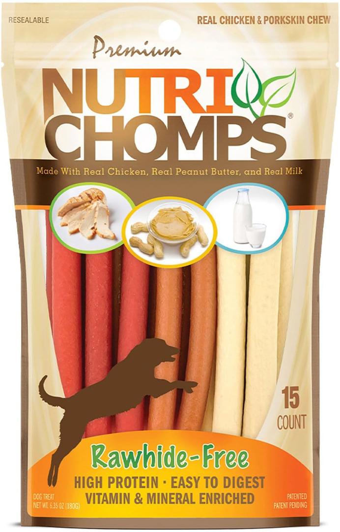 Nutri Chomps Dog Chews, 5-inch Twists, Easy to Digest, Rawhide-Free Dog Treats, 15 Count, Real Chicken, Peanut Butter and Milk flavors (EXP 03/21/28)