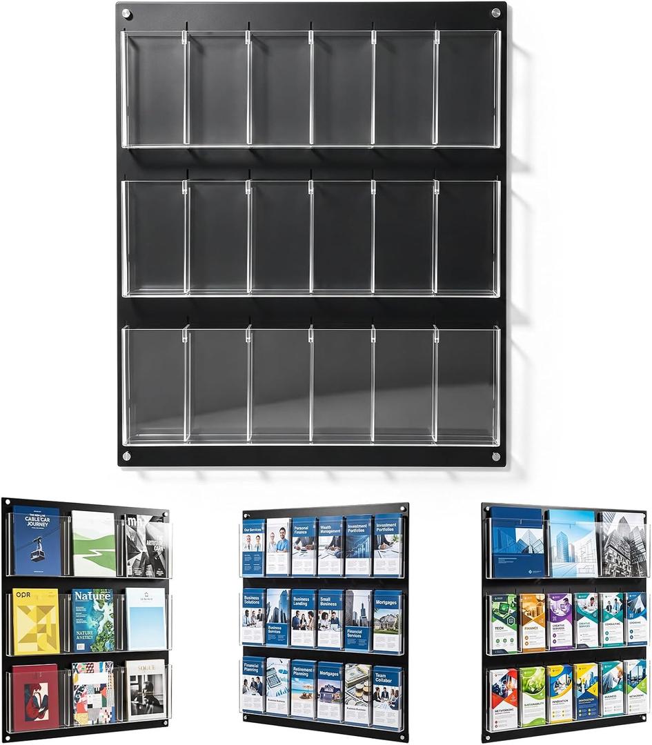 Leinuosen Black Acrylic 3-tier Wall Brochure Holder, 27 x 30 in with 15 Removable Dividers, for 4 x 9 & 8.5 x 9 Booklets, Wall Mount Display for Office, Showroom, School, Store, Reception