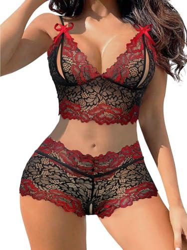 Lilosy Plus Size Sexy Cupless Crotchless Women Floral Lace Pajamas Lingerie Set High Waist Sheer Sleepwear See Through Nightwear Bow Ties Bra and Panty 2 Piece Black Red 2X-Large