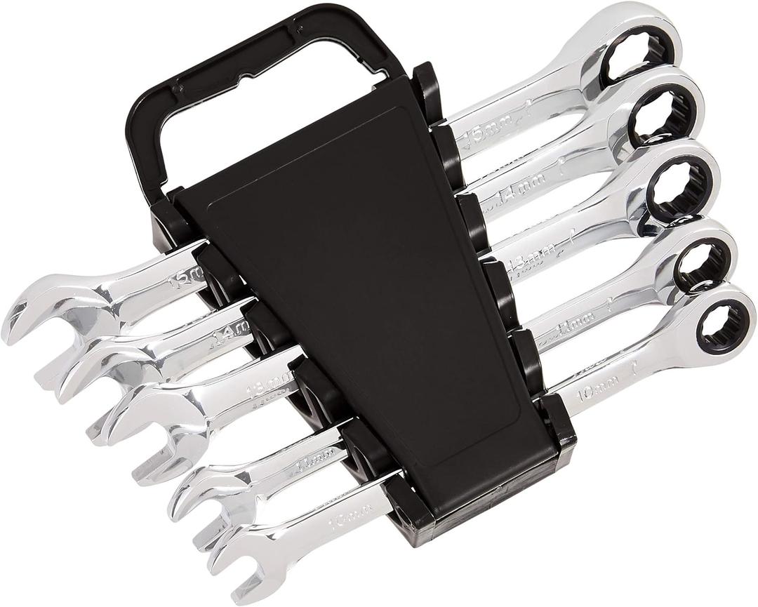 Amazon Basics Ratcheting Wrench Set, Metric, 5 Piece, Black/Silver
