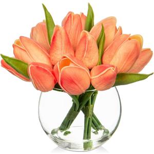 DILATATA Artificial Peach Tulips in Vase with Faux Water 6" Real Touch Flowers Fake Tulips Small Flowers Arrangement in Round Glass Vase for Mother's Day Table Centerpiece Wedding Home Decor