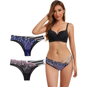 Women's Sexy Panties Butterfly Flower Embroidered Underwear Mesh Panties Glitter Waist Band Panty Pack of 2, S