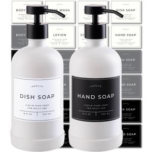 Hand and Dish Soap Dispenser for Kitchen and Bathroom, Set of 2 16 Oz Glass Bottles, Stainless Steel Pumps, Non-Slip Silicone Base, 27 Waterproof Labels (Matte White Bottle/Black Pump)