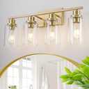4 Light Gold Bathroom Light Fixtures Brushed Brass Vanity Light Over Mirror Modern Farmhouse Wall Lighting Sconces Wall Lamp for Bathroom, Bedroom, Living Room E26 Socket with Glass Shade, Brushed Brass, 4 Light