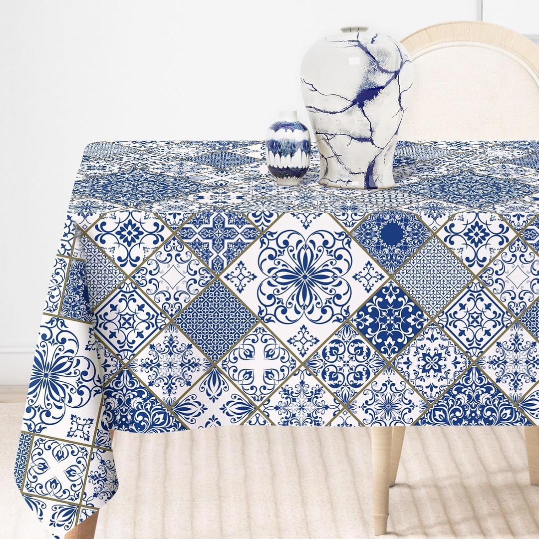 AnyDesign Blue and White Patchwork Tile Tablecloth 60 x 104 Inch Rectangle Modern Table Cover for Home Kitchen Dining Table Decoration Supplies