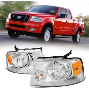 Headlights for 2004-2008 Ford F150, Headlight Assembly for 04-08 F-150, 2006-2008 Lincoln Mark LT Headlamp Replacement, Chrome Housing Amber Reflector, 2PCS