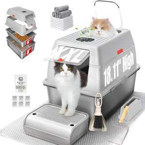 XXL Stainless Steel Sifting Litter Box with Lid, Fully Enclosed 8" Deep Metal Cat Litter Box, Leak-Proof, for Pine Pellets or Non-clumping Litter, for Large & Multi-Cats, with Litter Mat & Scooper