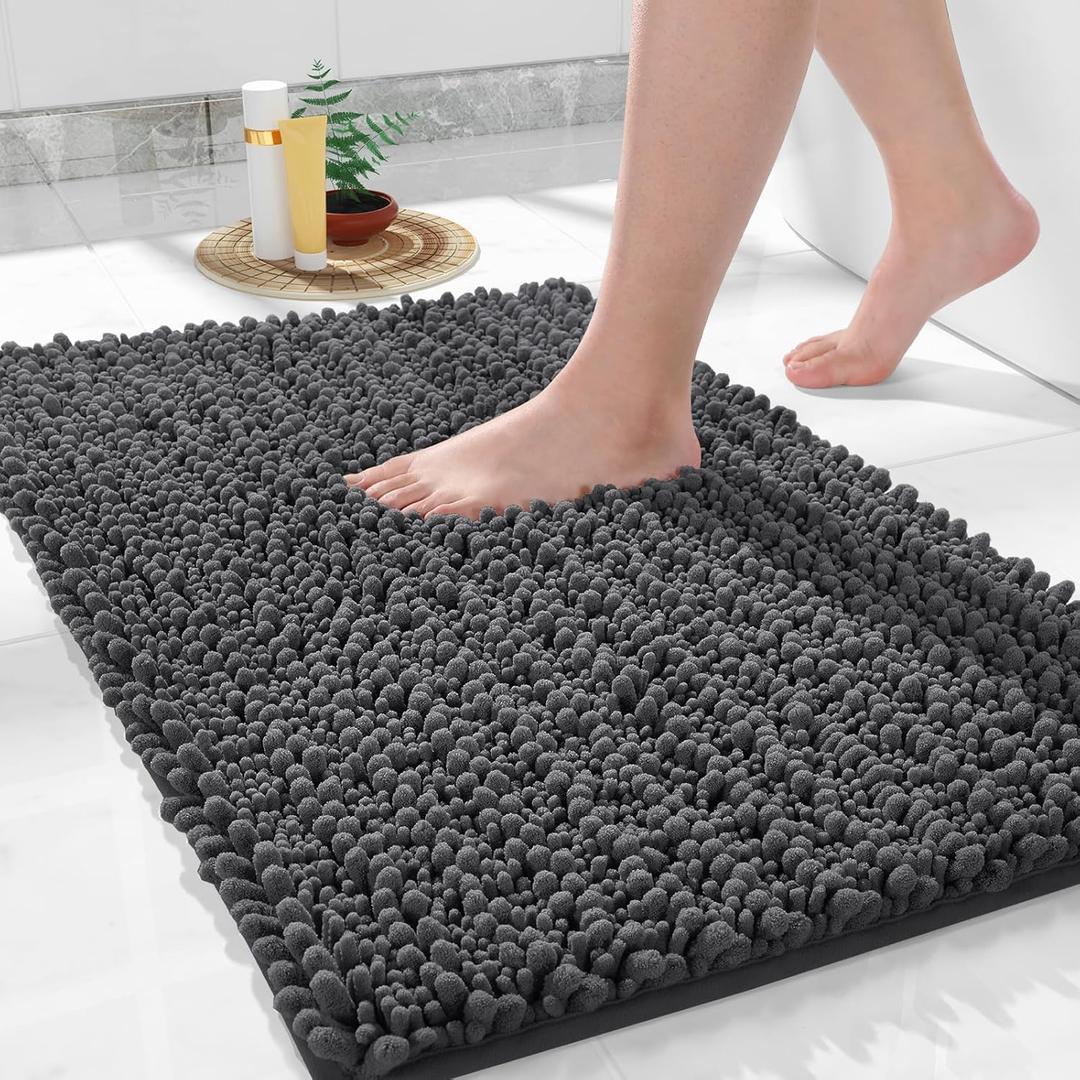 Yimobra Bathroom Rug Mat 24 x 17, Extra Soft Non Slip Absorbent Water Bath Rug, Quick Dry Machine Washable Chenille Shaggy Shower Mat, Bath Mat for Bathroom Floor, Home Decor Accessories, Dark Gray