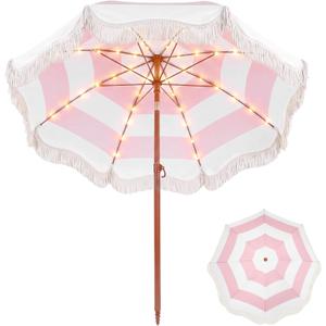 Fringe Patio Umbrella with Solar Powered String Lights, Boho Patio Umbrella for Outdoor, Garden, Deck, Pool, Push Button Tilt Pole