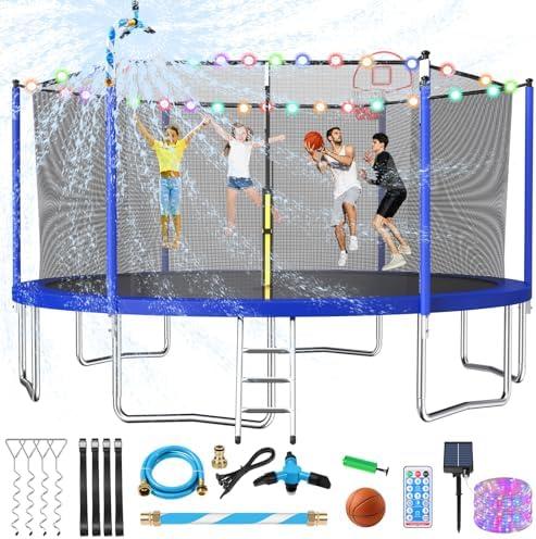 Lyromix Upgraded 14FT Trampoline for Kids and Adults, Large Outdoor Trampoline with Stakes, Light, Sprinkler, Backyard Trampoline with Basketball Hoop and Net, Capacity for 5-8 Kids and Adults