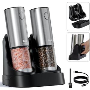 Electric Salt and Pepper Grinder Set with Easy-to-Carry Charging Base and LED Light, Automatic Salt and Pepper Grinder Set, USB Rechargeable, Adjustable Coarseness, Washable Container