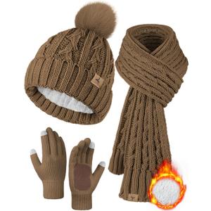 Winter Hat Scarf Gloves Set,Fleece Lined Pom Pom Beanie Hat Warm Knit Long Scarf Touchscreen Gloves Winter Gifts for Women (Brown)