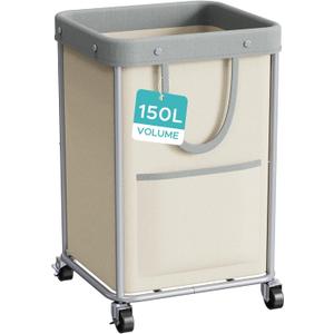 JYPS Laundry Basket With Wheels, 150L Large Rolling Hamper W/Metal Frame & Removable Bag, Waterproof Oxford Fabric, 2 Side Bags, Dirty Clothes Storage Cart For Laundry Room, Dorm, Bedroom, Bathroom (Beige)