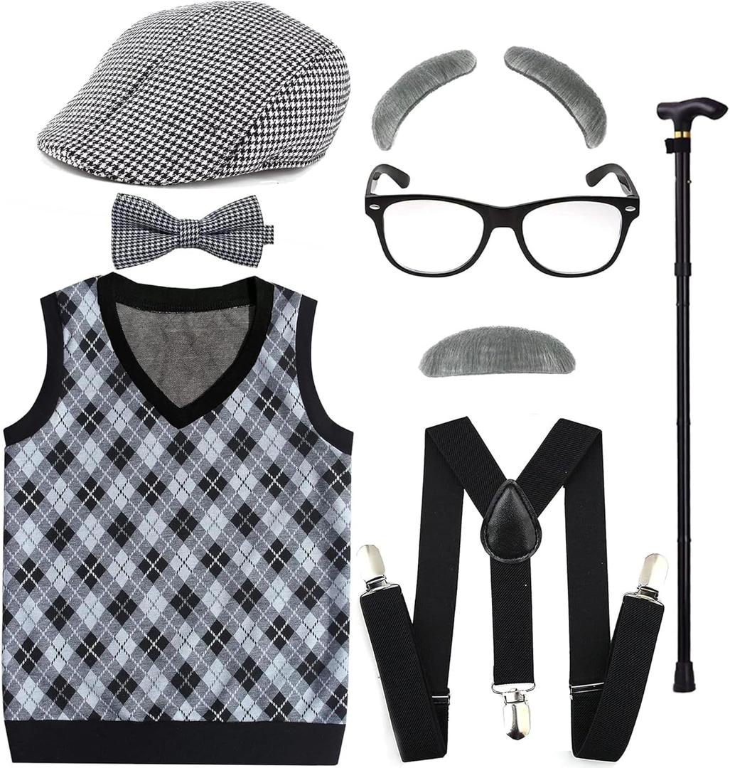 EFORLED Kids 100 Days of School Costume for Boys - Halloween Old Man Costume Hat, Glasses and Grandpa Vest Set for Child,LightGrey1-4 (3T(3-4yr))
