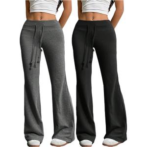 RoseSeek Women's 2 Packs Flare Leggings Drawstring Bell Bottom Sweatpants Elastic Waist Yoga Pants (Black and Grey), M