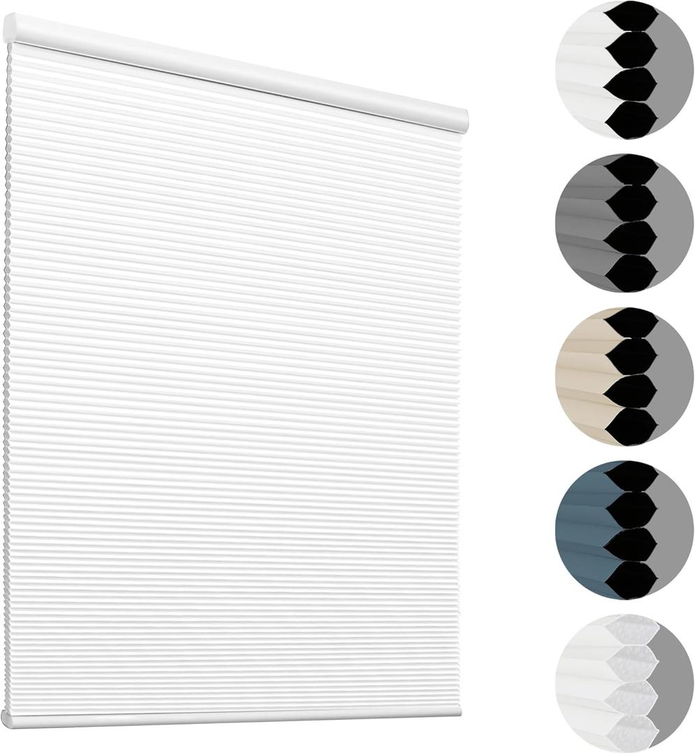 HOMEDEMO Cellular Shades Cordless Light Filtering, Honeycomb Shade Blinds, Thermal Insulated Noise Reduction for Windows Inside & Outside Mount White-Light Filtering 24" W x 36" H