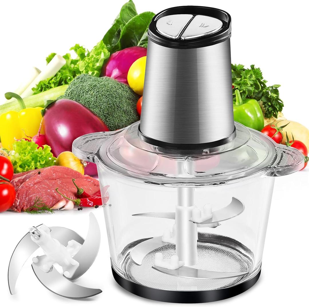 Electric Food Processor, 450W Meat Grinder Vegetable Chopper with 8cup/2L Glass Bowl, Electric Meat Chopper Veggie Cutter with 2 Speeds4 Blades, Kitchen Blender Mixer for Baby Food Puree,Garlic,Onion (Stainless Steel)