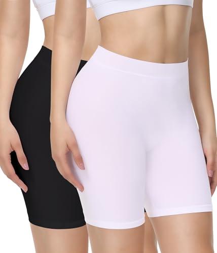 Yeblues 2 Pack Seamless Slip Shorts for Under Dress Smooth Boyshorts for Yoga/Bike/Workout Shapewear Shorts (Black+White,Small)