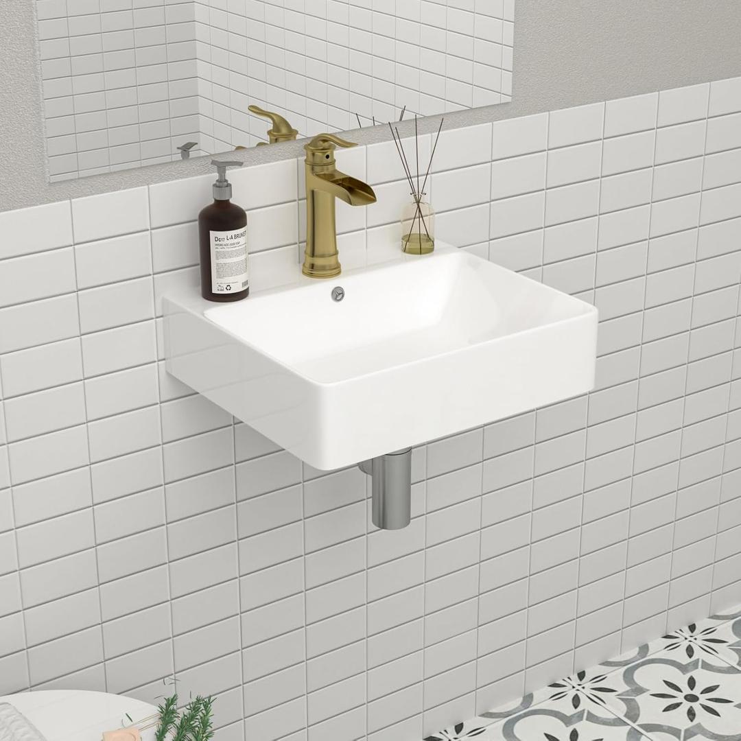 Mocoloo 18"x16" Wall Mounted Bathroom Sink White Rectangle Porcelain ADA Compliant Ceramic Bathroom Sinks Floating Vanity Sink for Lavatory Room Basin