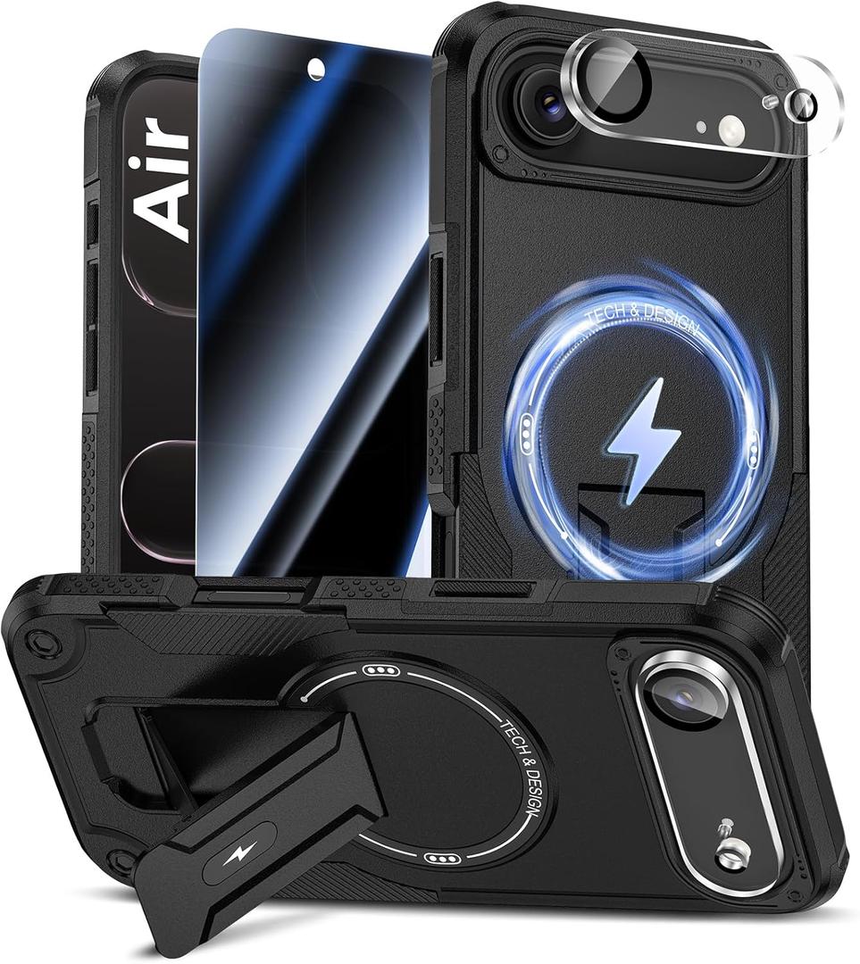 Goton for iPhone Air Case with Privacy Tempered Glass Screen Protector & Camera Lens Protector, Compatible with MagSafe, Invisible Kickstand, Shockproof Phone Cover for iPhone 17 Air, Black