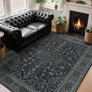 Washable Rugs 8x10 Area Rugs for Living Room,Bedroom,Dining Room- Soft Low Pile Stain-Resistant Carpet with Non-Slip Rubber Backing,Large Vintage Area Rug for Farmhouse Nursery Home Office Decor (Black-white)