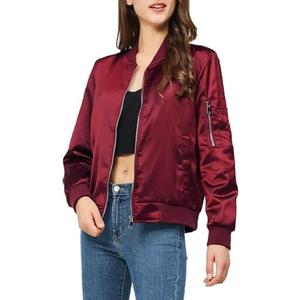 YEABEDA Satin Bomber Jacket Women Casual Fall Varsity Jackets Zip Up Outerwear Windbreaker with Pockets Size M
