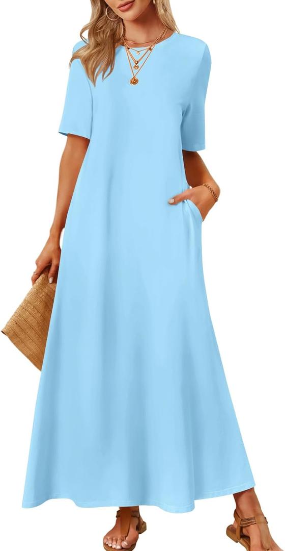 MEROKEETY Summer Spring Maxi Dresses for Women 2026 Casual Vacation Crew Neck Short Sleeve Long T Shirt Dress with Pockets (Large, Skyblue)