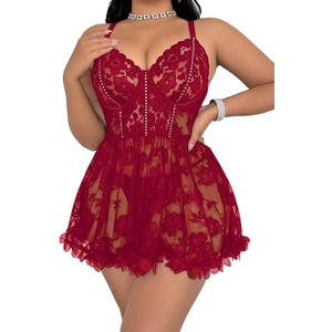 Plus Size Lingerie for Women Open Back Sexy Lingerie Dress Floral Lace Baby Doll Chemise Lace Nightgown (4X-Large, Color: WineRed)