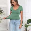 PALINDA V Neck Slim Fitted Shirts for Women Basic Casual Short Sleeve T Shirts Going Out Tops Sexy Y2K Tees (Sage Green)