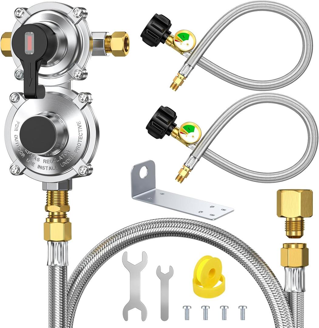 RV Propane Regulator 2 Tank 18" Hoses with 48" Stainless Braided Extension Hoses, 2-Stage Manual Changeover LP Propane Gas Regulator with Gauge for RVs Vans Trailers Campers