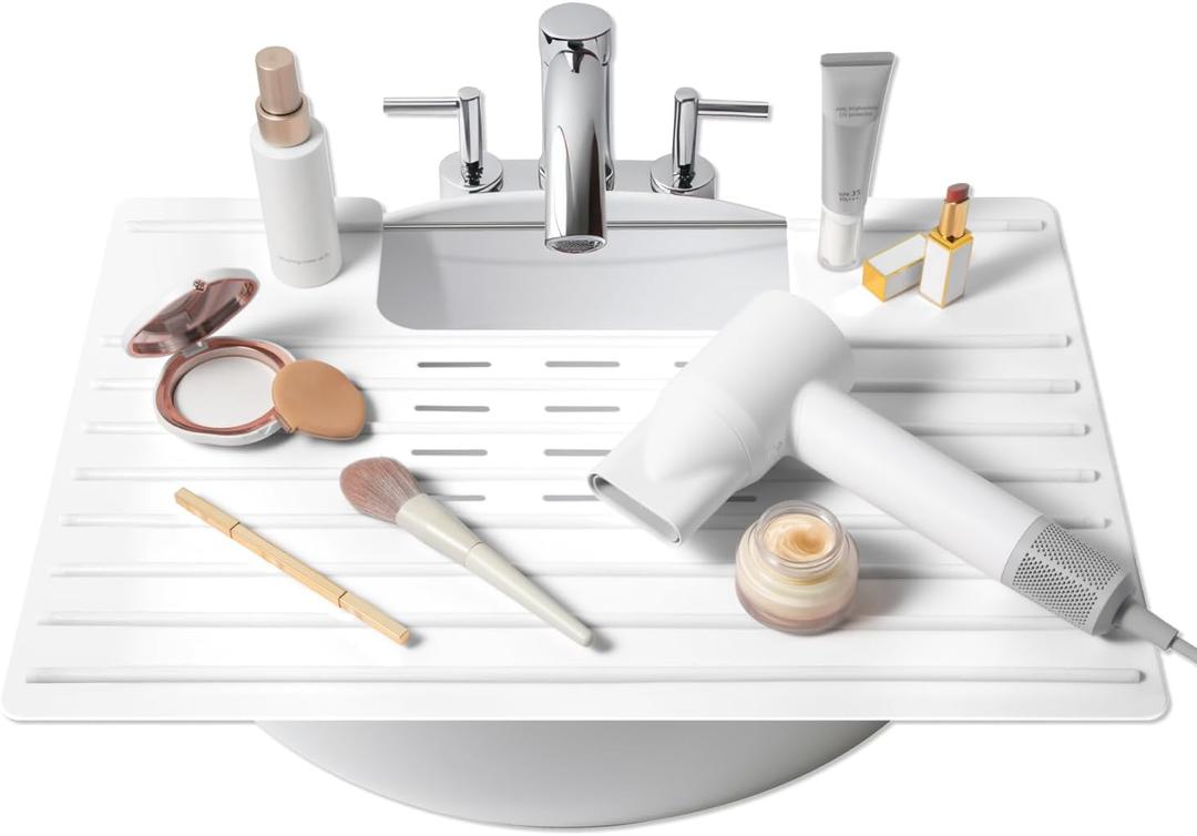 Maplefield Bathroom Sink Cover & Silicone Makeup Mat - White, 22 x 2 x 2 In - Heat Resistant to 400F - Foldable Roll-Up Design with Raised Ridges - Space-Saving Countertop Mat, Large