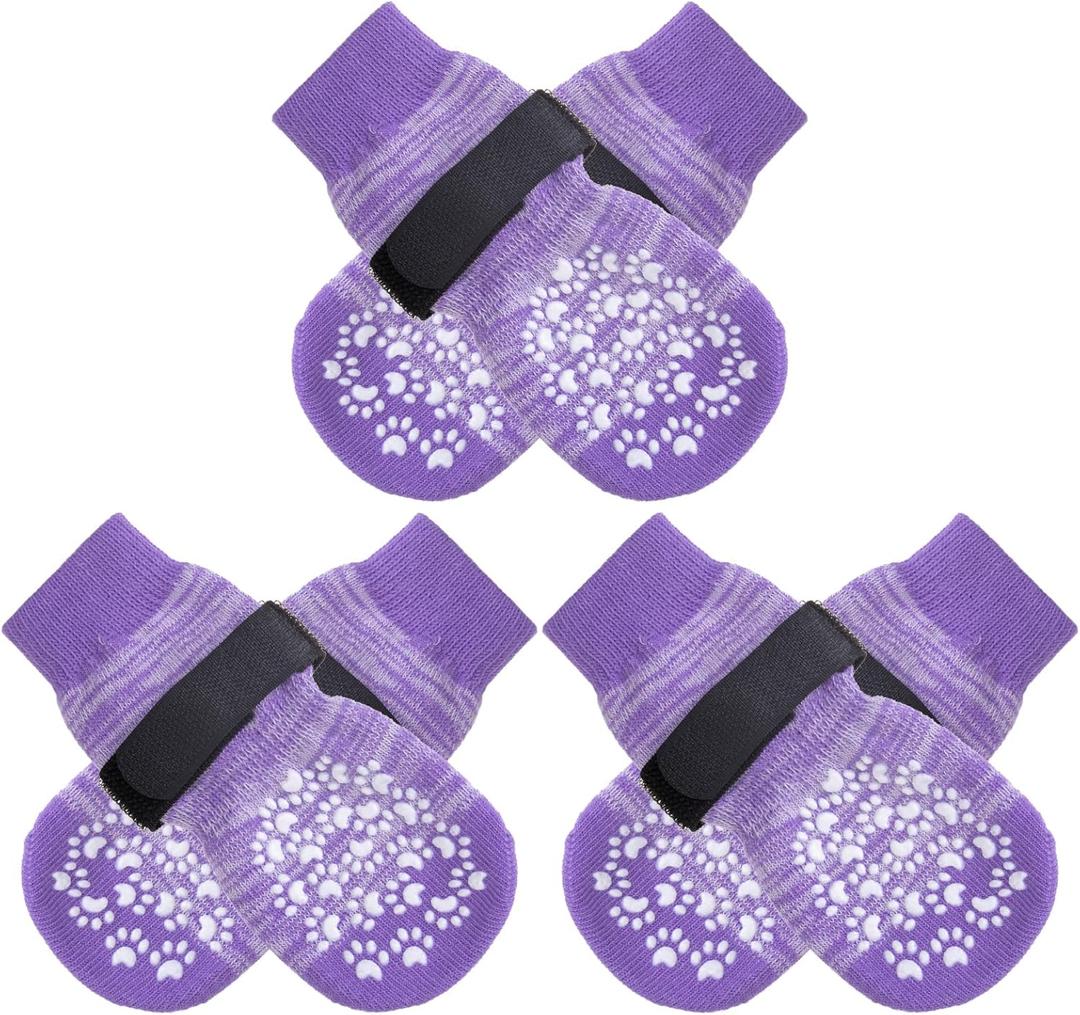 EXPAWLORER 6PCS Anti-Slip Dog Socks to Prevent Licking Paws,Dog Shoes for Hot Pavement,Best Paw Protector Traction Control on Hardwood Floor,Dog Booties for Puppy  Senior Dogs (Purple, Medium)