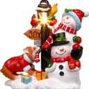 Wonderjune Christmas Snowman Table Decoration Lighted Snowman Figurine with Lamppost Lantern Tabletop Resin Collectibles Batteries Operated Xmas Statues Centerpiece Festive Gift Indoor Home