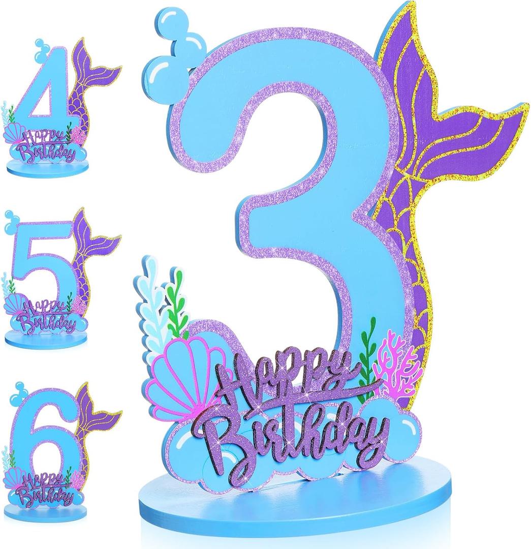 Mermaid Birthday Number Sign Centerpiece for Girls Wooden Mermaid Party Number Table Sign Decoration Supplies for Birthday Anniversary(Number 3)
