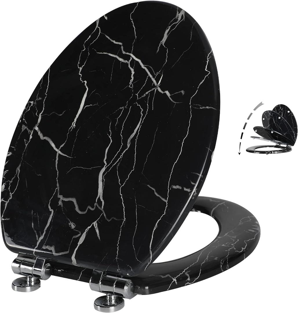 Angel Shield Marble Toilet Seat Durable Molded Wood with Quiet Close,Easy CleanQuick-Release Hinges (Elongated,Black Marble) (Elongated-18.5)