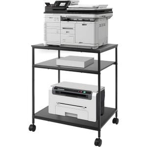 Sutex Large Printer Stand, 23.6" W x 18.9" D x 31.5" H Large Printer Table with Adjustable Storage Shelf, 3 Tier Rolling Printer Cart with Wheels for Home Office- Support 100 LBS Each Tier (Black)